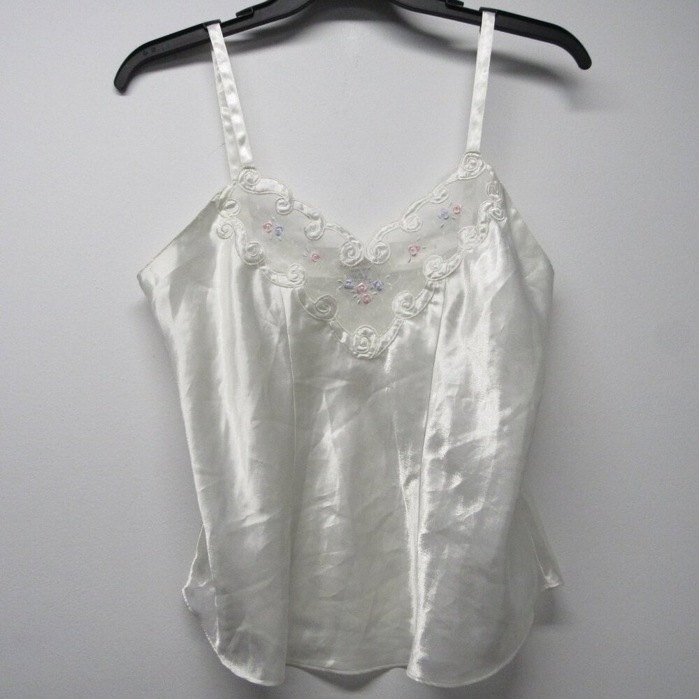 Vtg 80s Lindsey Blake Liquid Shiny Satin & Lace Embroidered Pearl Rosette Cami L